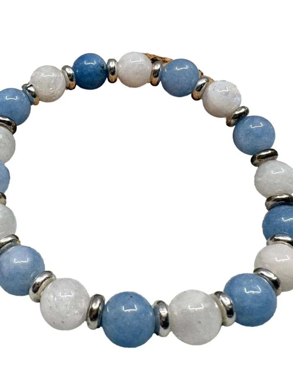 8mm Natural Aquamarine White Moonstone Gemstone Stretch Bracelet Silver Bead